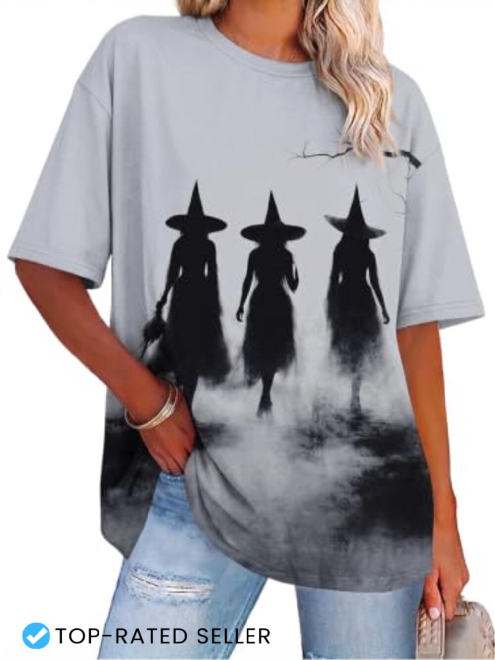 Vintage Witch Halloween Graphic T-Shirt Cotton Blend Women's Tee